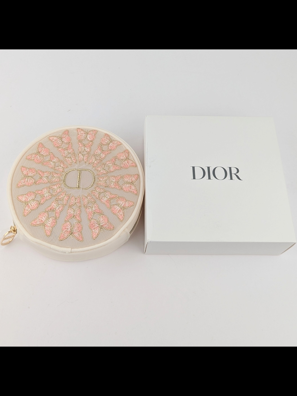Dior Round Mesh Embroidered Cosmetic Pouch with Pink & Gold Butterflies